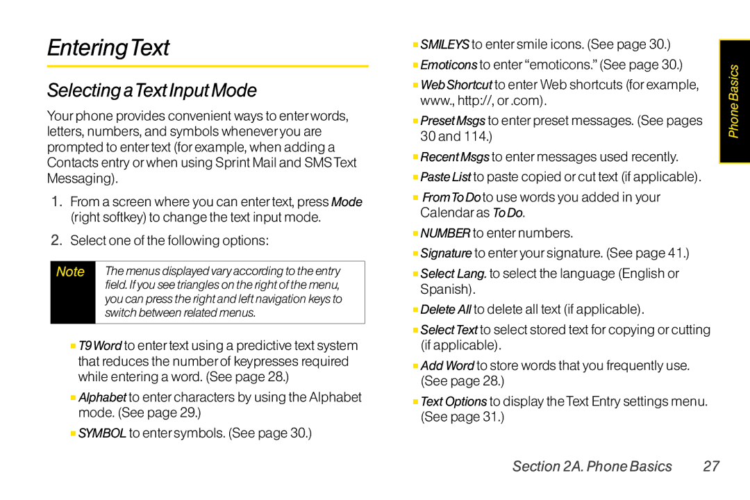 Sanyo LX manual EnteringText, Selecting aText Input Mode, Select one of the following options 