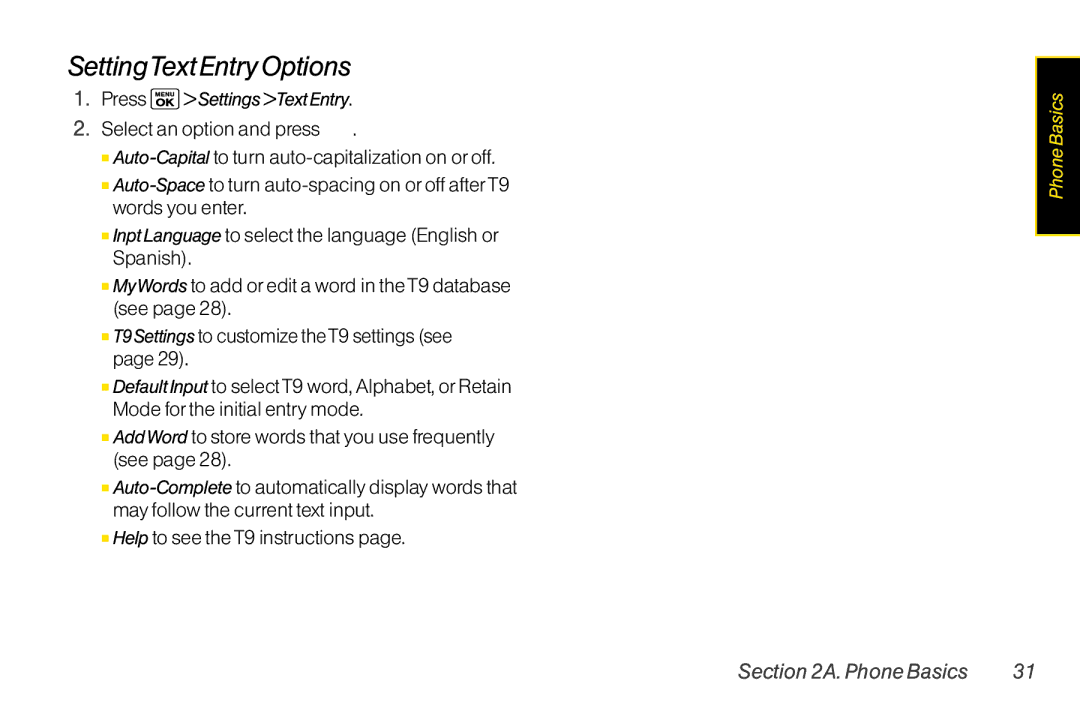 Sanyo LX manual SettingText Entry Options, Press Settings Text Entry 