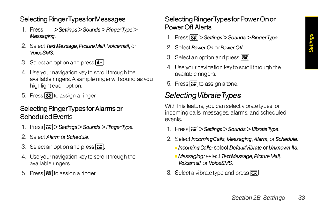 Sanyo LX SelectingVibrateTypes, Selecting RingerTypes forMessages, Selecting RingerTypes forAlarms or Scheduled Events 