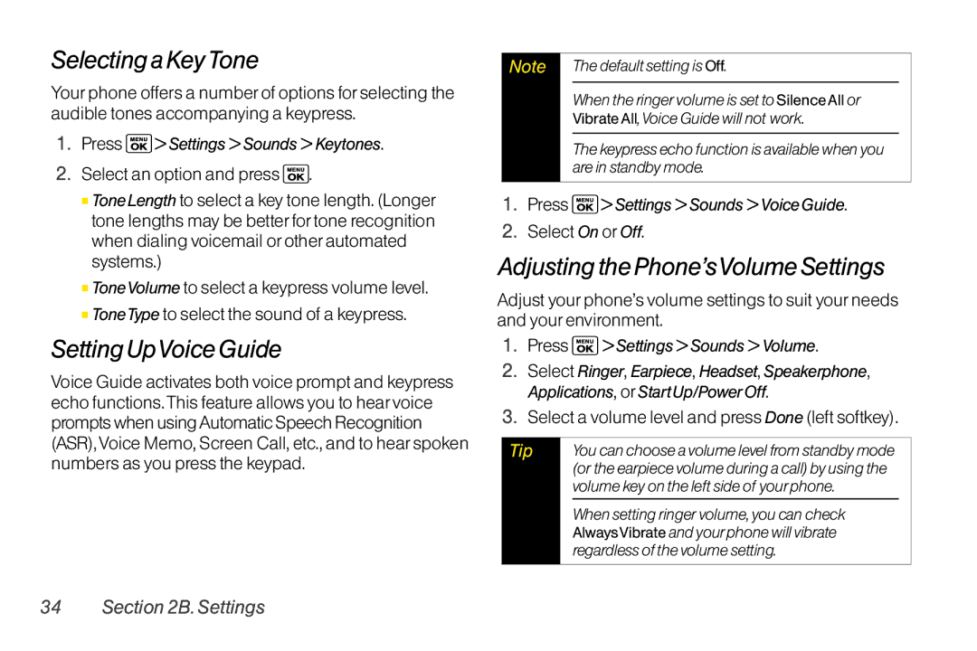 Sanyo LX manual Selecting a Key Tone, Setting UpVoice Guide, Adjusting the Phone’sVolume Settings, Select On or Off 