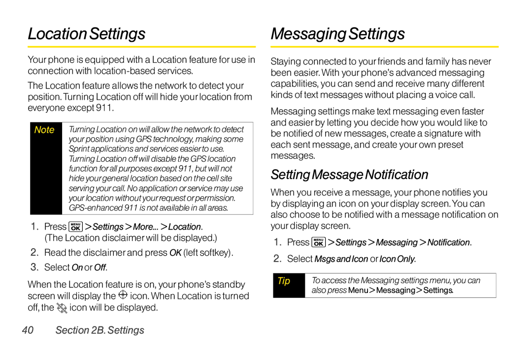 Sanyo LX manual Location Settings Messaging Settings, Setting Message Notification 