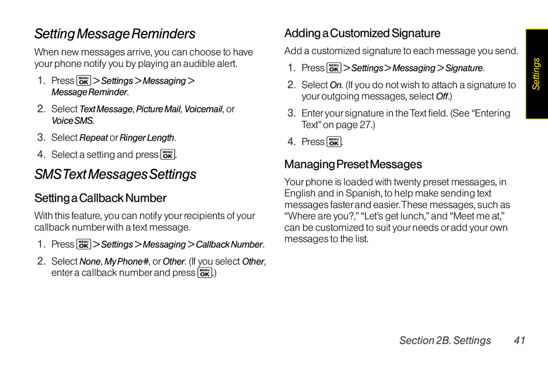 Sanyo LX Setting Message Reminders, SMSText Messages Settings, Setting a CallbackNumber, Adding a Customized Signature 