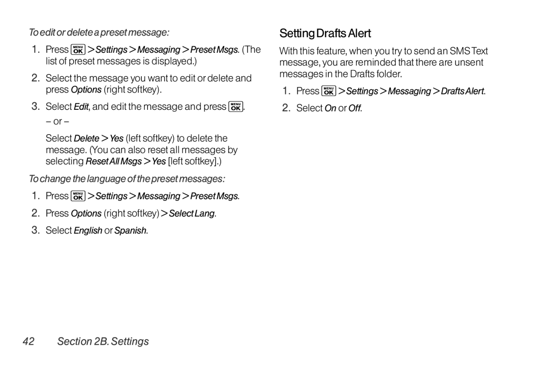 Sanyo LX manual Setting Drafts Alert, To edit or delete a preset message, To change the language of the preset messages 