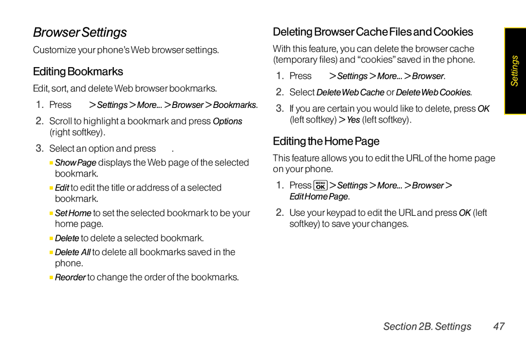 Sanyo LX manual Browser Settings, Editing Bookmarks, Deleting BrowserCache Files and Cookies, Editing the Home 