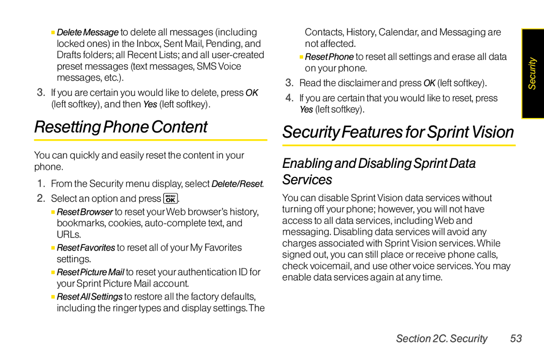 Sanyo LX manual Resetting Phone Content, Enabling and Disabling Sprint Data Services 