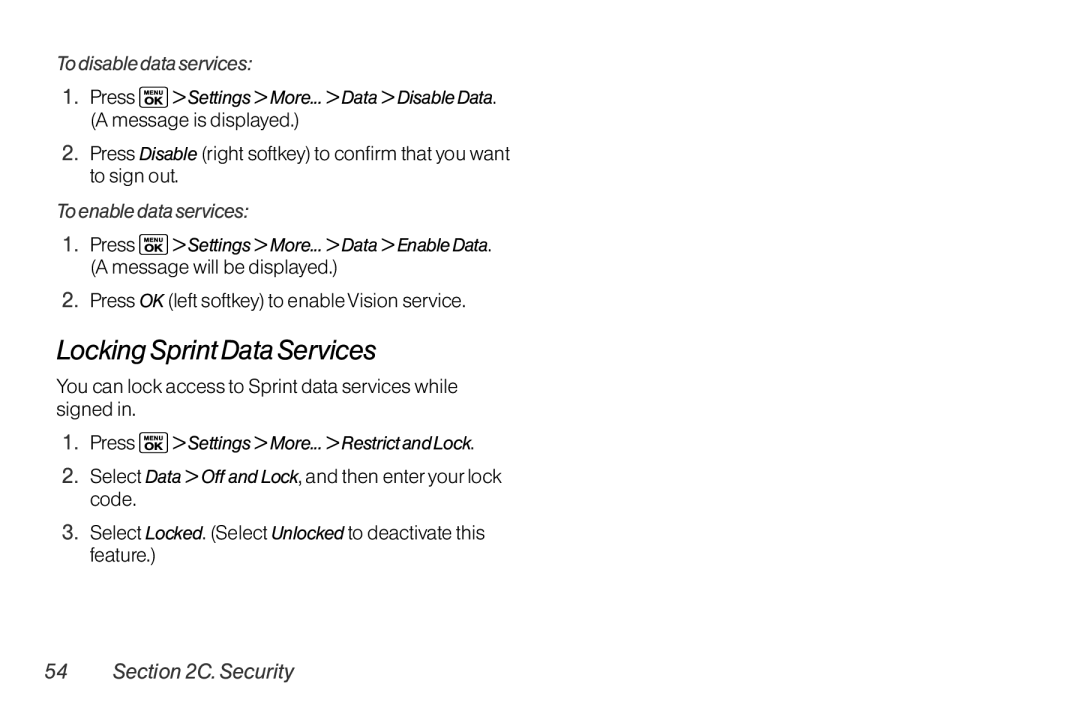 Sanyo LX manual Locking Sprint Data Services, To disable data services, To enable data services 