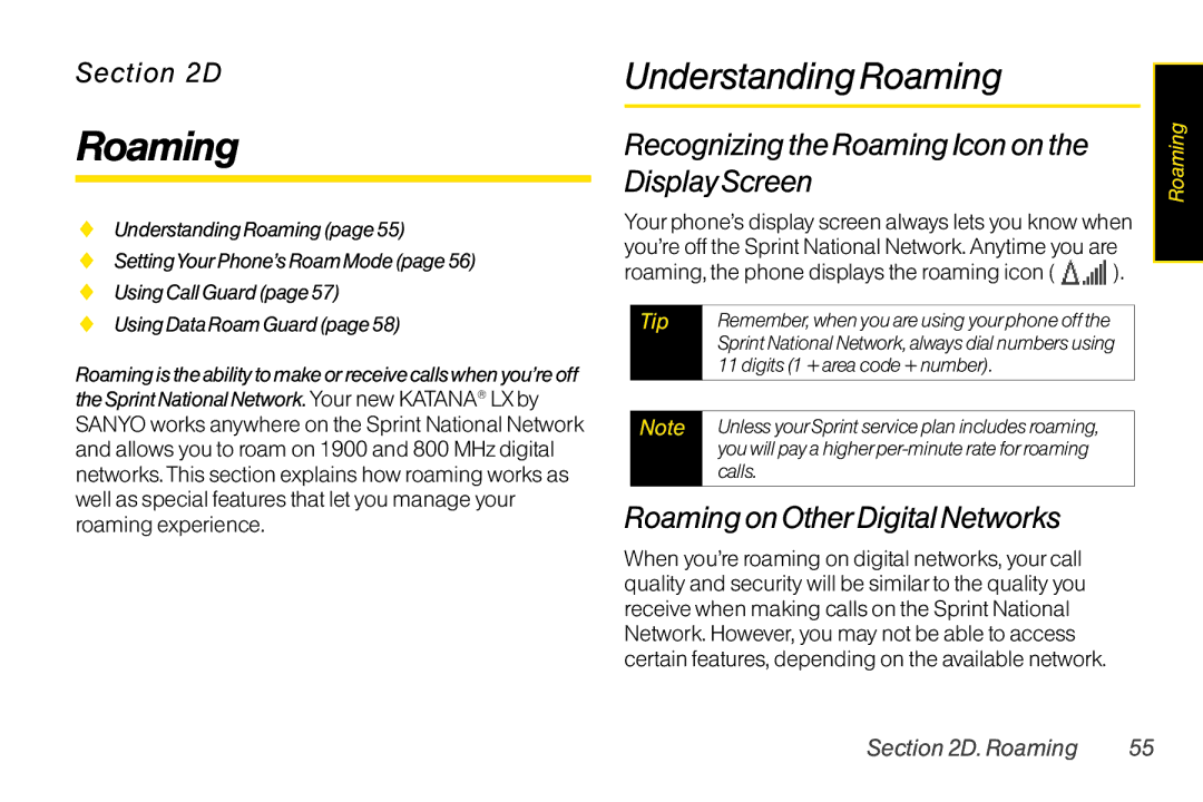 Sanyo LX Understanding Roaming, Recognizing the Roaming Icon on the Display Screen, Roaming on OtherDigital Networks 