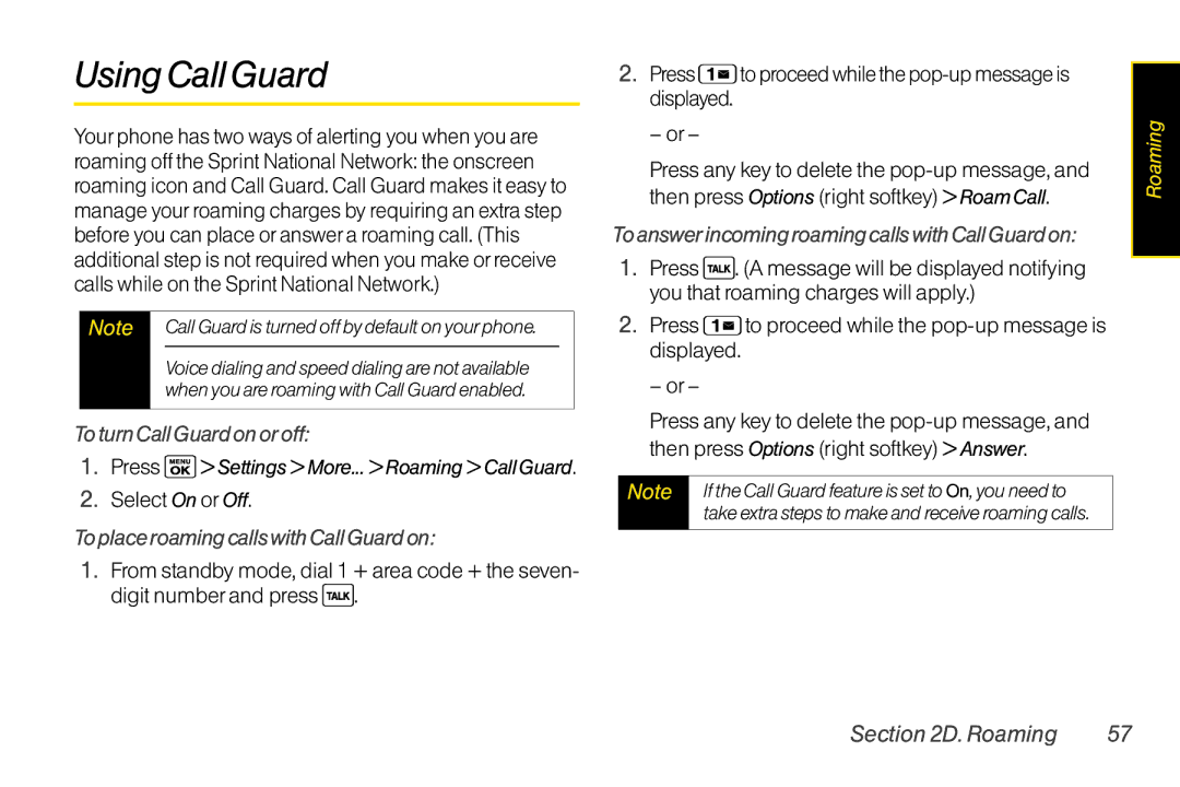 Sanyo LX manual Using Call Guard, Toturn Call Guard on oroff, Toplace roaming calls with Call Guard on 