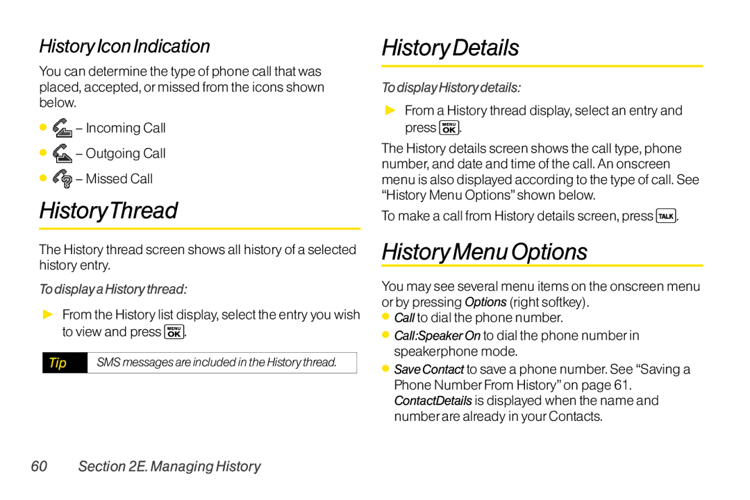 Sanyo LX manual HistoryThread, History Details, HistoryMenu Options, History Icon Indication 