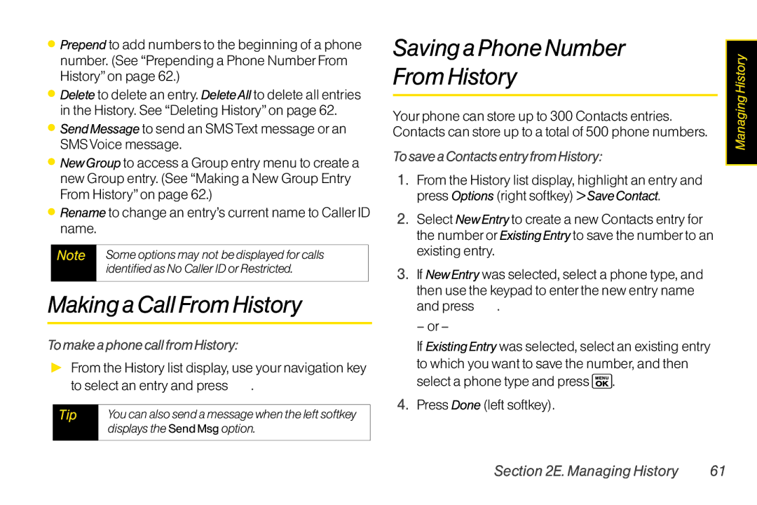 Sanyo LX manual Making a Call From History, Saving a Phone Number From History, To make a phone call from History 