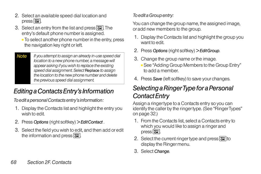 Sanyo LX Editing a Contacts Entry’s Information, Selecting a RingerType fora Personal Contact Entry, To edit a Group entry 