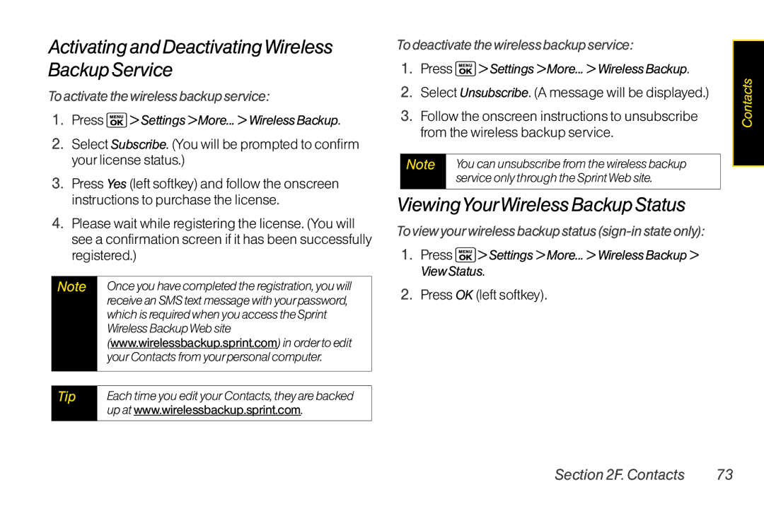 Sanyo LX manual ViewingYourWireless Backup Status, To activate the wireless backup service, Press OK left softkey 