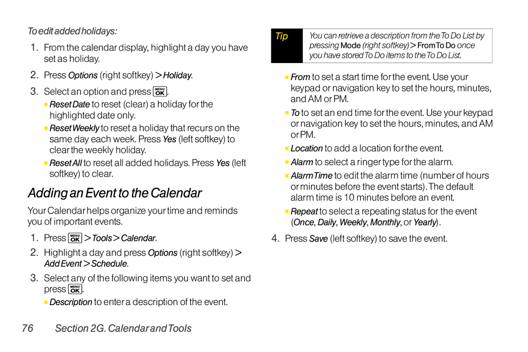 Sanyo LX manual Adding an Event to the Calendar, To edit added holidays, Press Save left softkey to save the event 