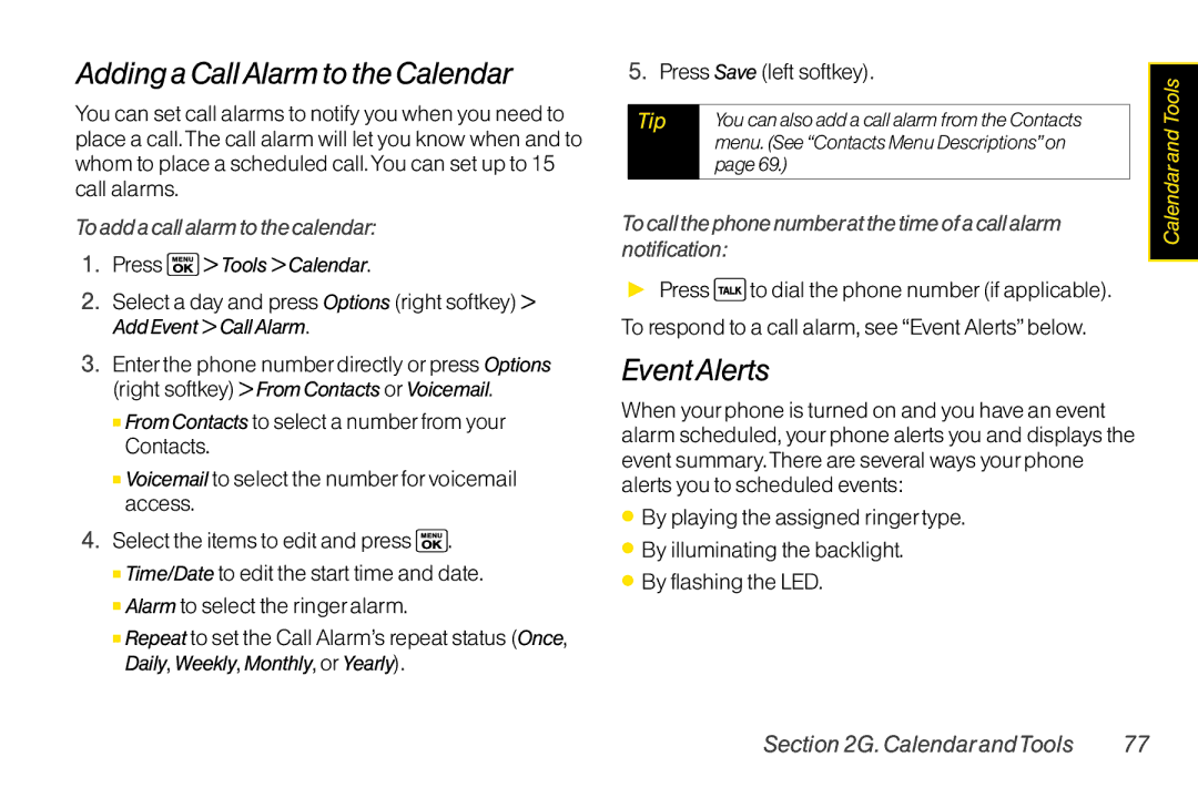 Sanyo LX manual Adding a CallAlarm to the Calendar, EventAlerts, To add a call alarm to the calendar 