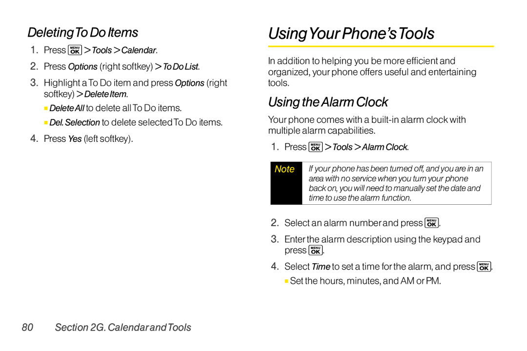 Sanyo LX manual UsingYourPhone’sTools, DeletingTo Do Items, Using theAlarm Clock, Press Tools Alarm Clock 