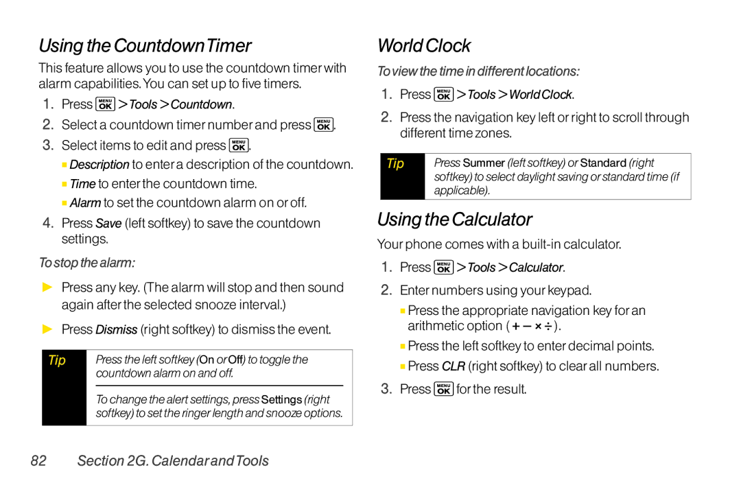 Sanyo LX manual Using the CountdownTimer, World Clock, Using the Calculator, Tostop the alarm 