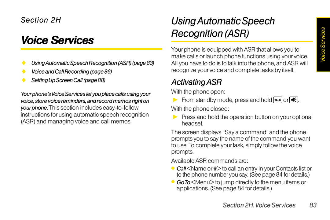 Sanyo LX manual Voice Services, UsingAutomatic Speech Recognition ASR, ActivatingASR 