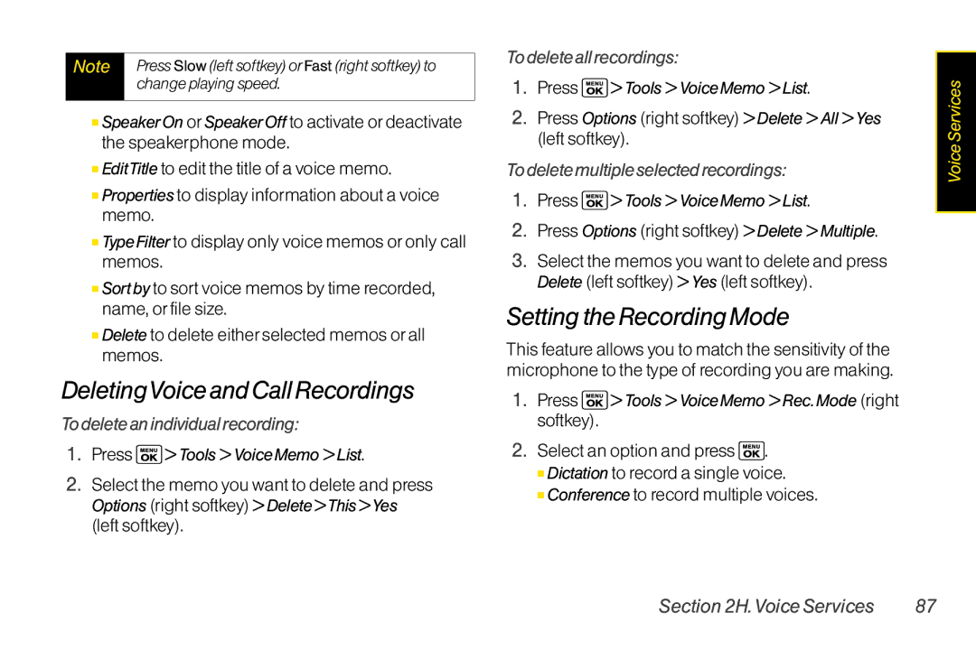 Sanyo LX manual DeletingVoice and Call Recordings, Setting the Recording Mode, To delete an individual recording 