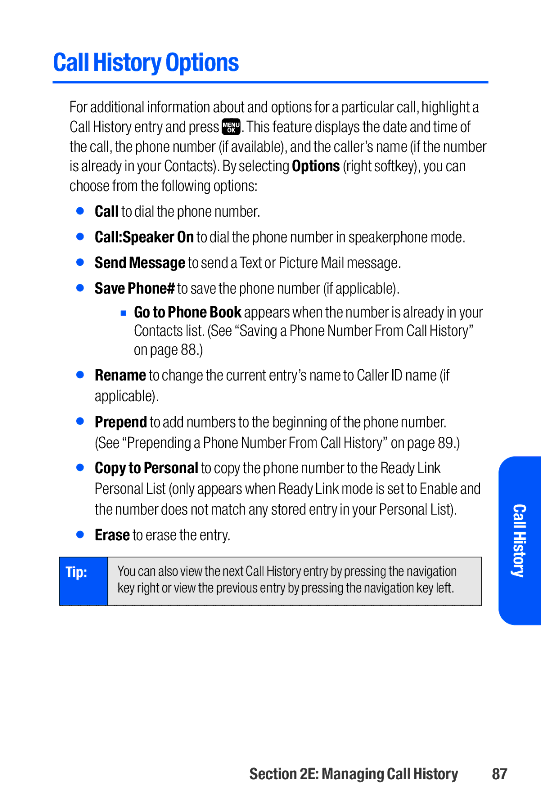 Sanyo M1 manual Call History Options,  Erase to erase the entry 