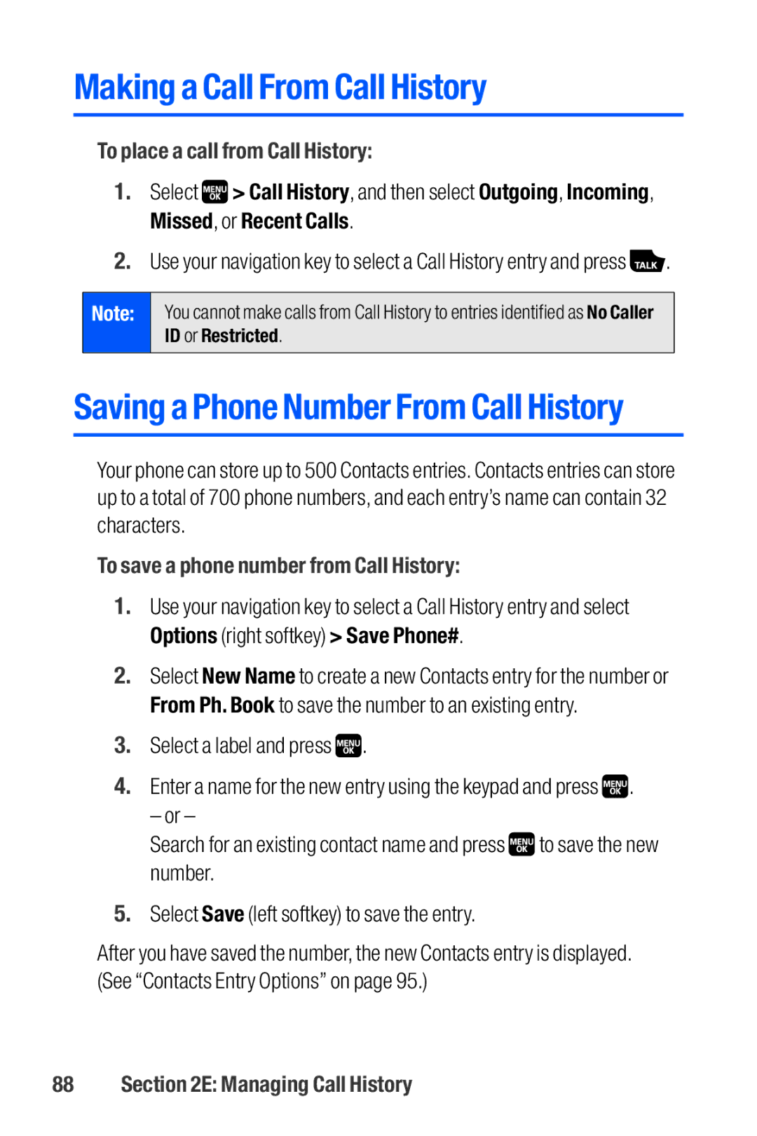 Sanyo M1 Making a Call From Call History, To place a call from Call History, To save a phone number from Call History 