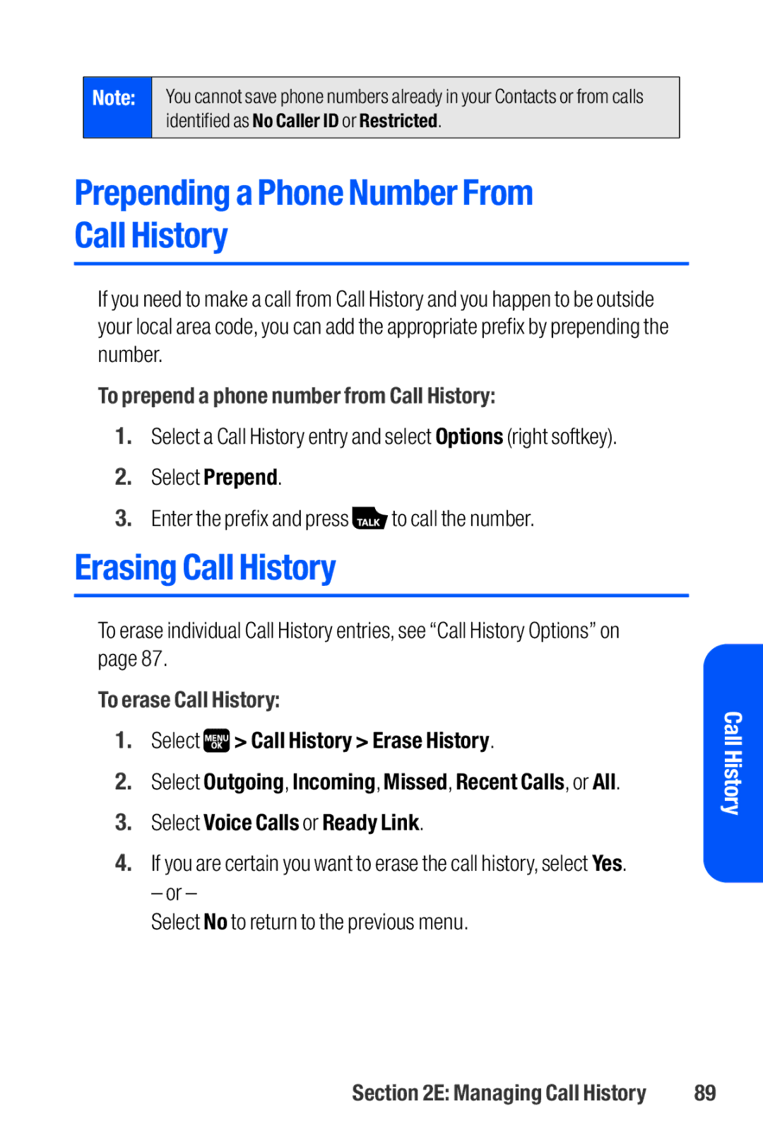 Sanyo M1 Prepending a Phone Number From Call History, Erasing Call History, To prepend a phone number from Call History 