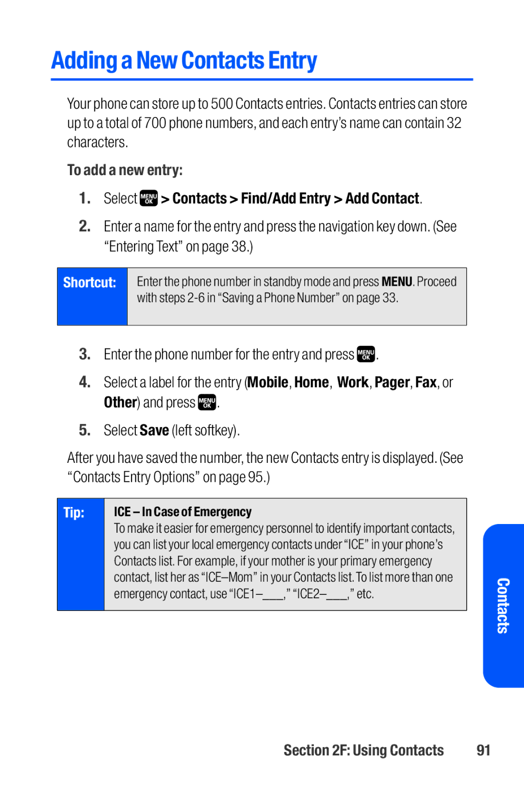 Sanyo M1 manual Adding a New Contacts Entry, To add a new entry, Select Contacts Find/Add Entry Add Contact 