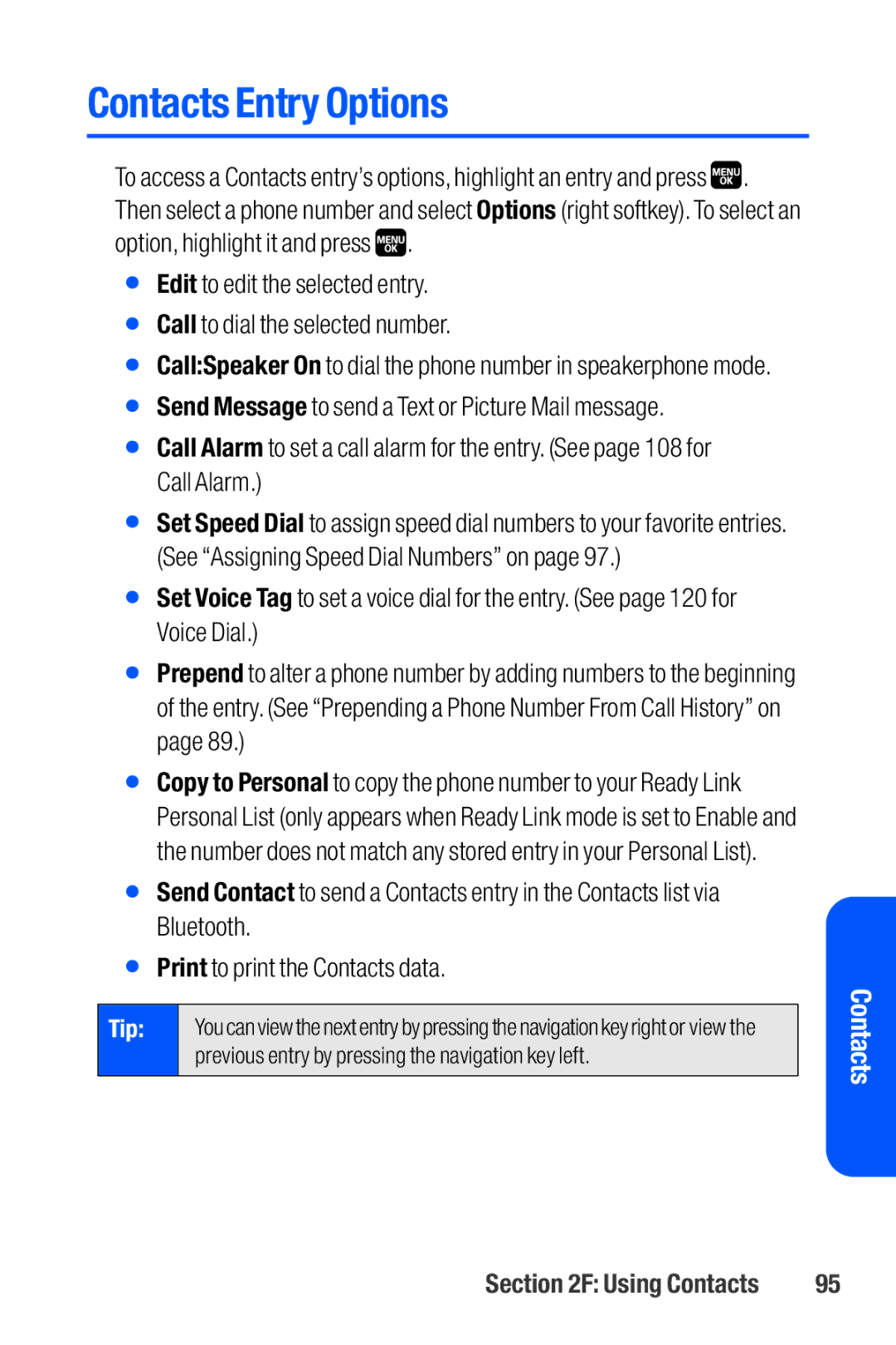 Sanyo M1 manual Contacts Entry Options 