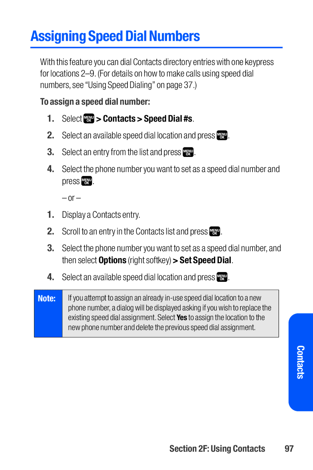 Sanyo M1 manual Assigning Speed Dial Numbers, To assign a speed dial number, Select Contacts Speed Dial #s 