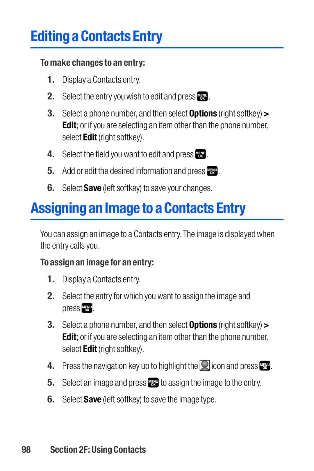 Sanyo M1 manual Editing a Contacts Entry, Assigning an Image to a Contacts Entry, To make changes to an entry 