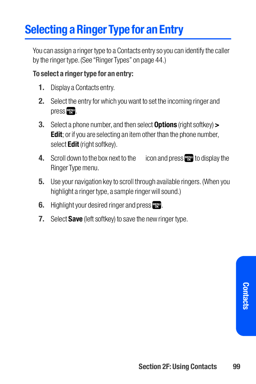 Sanyo M1 manual Selecting a Ringer Type for an Entry, To select a ringer type for an entry 