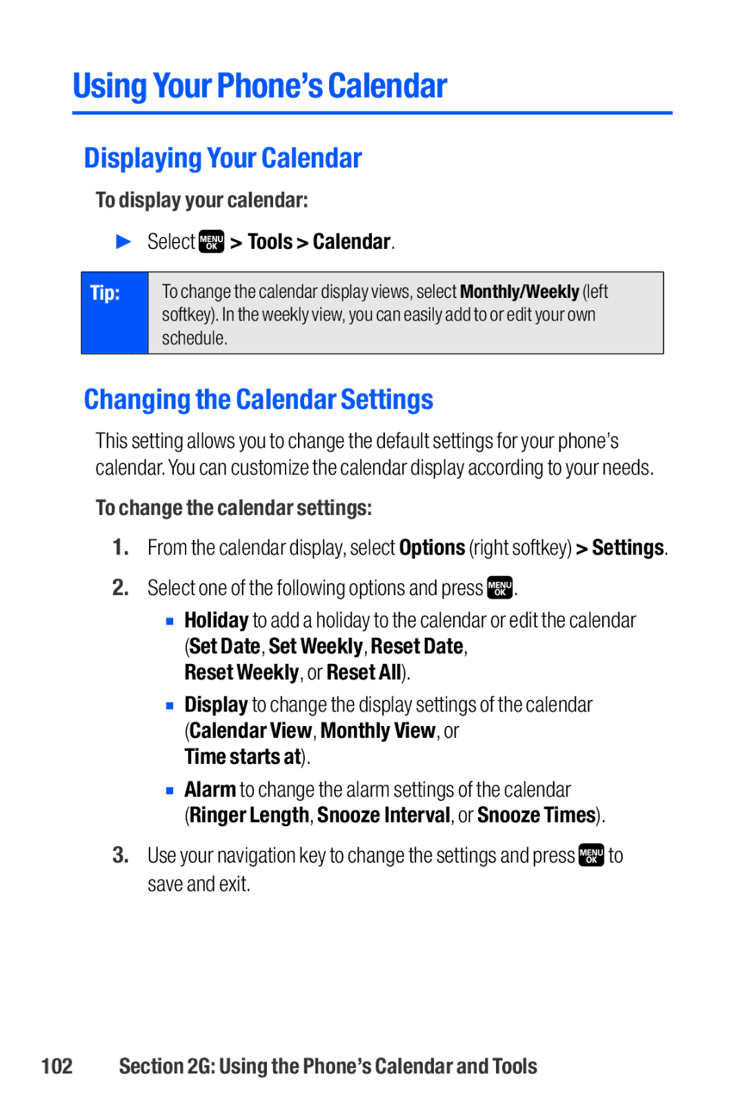 Sanyo M1 manual Using Your Phone’s Calendar, Displaying Your Calendar, Changing the Calendar Settings 