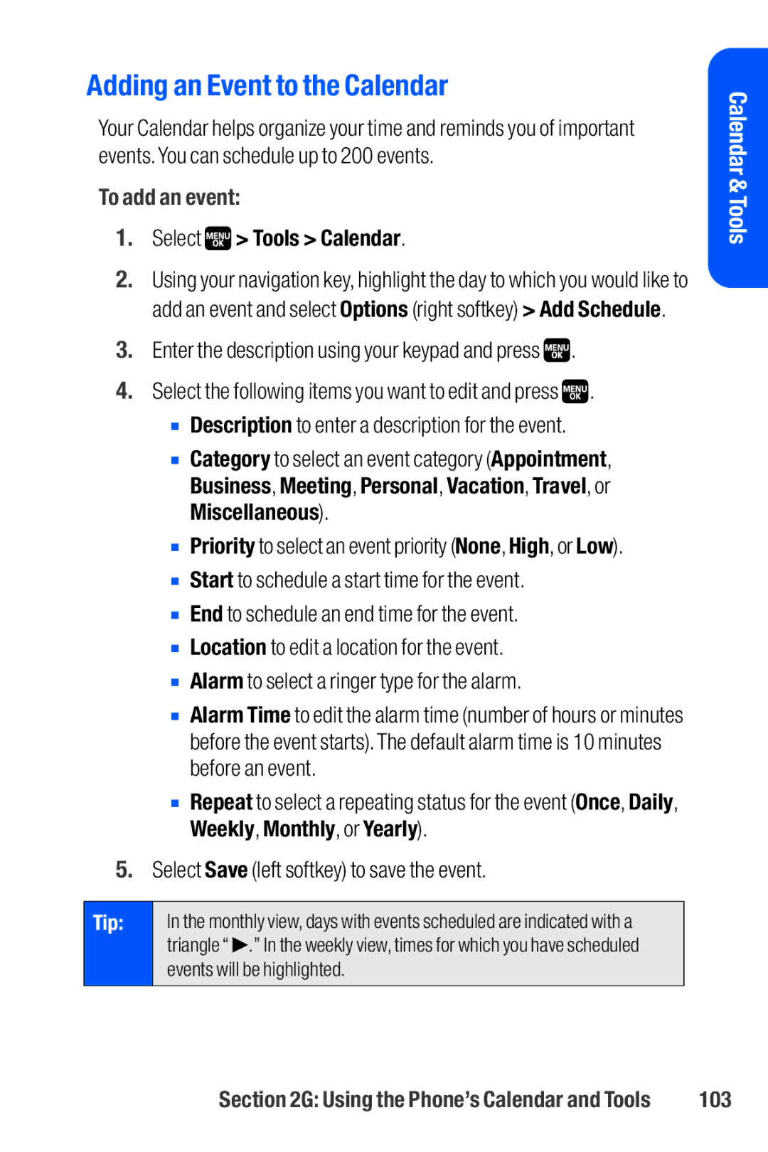 Sanyo M1 manual Adding an Event to the Calendar, To add an event, Select Tools Calendar, 103 