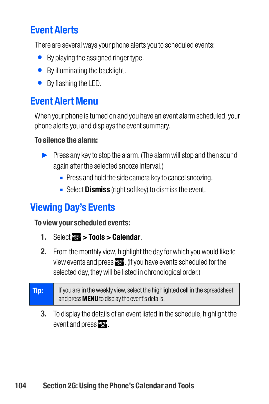 Sanyo M1 manual Event Alerts, Event Alert Menu, Viewing Day’s Events, To silence the alarm, To view your scheduled events 