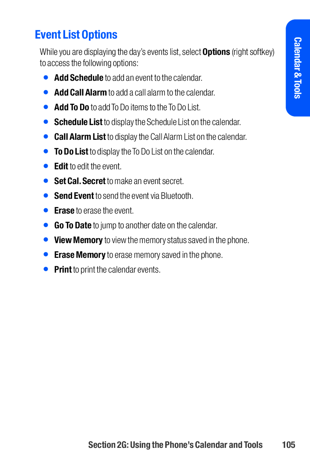 Sanyo M1 manual Event List Options, 105 