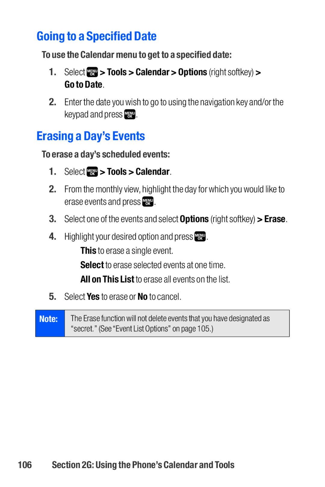 Sanyo M1 manual Going to a Specified Date, Erasing a Day’s Events, To use the Calendar menu to get to a specified date 