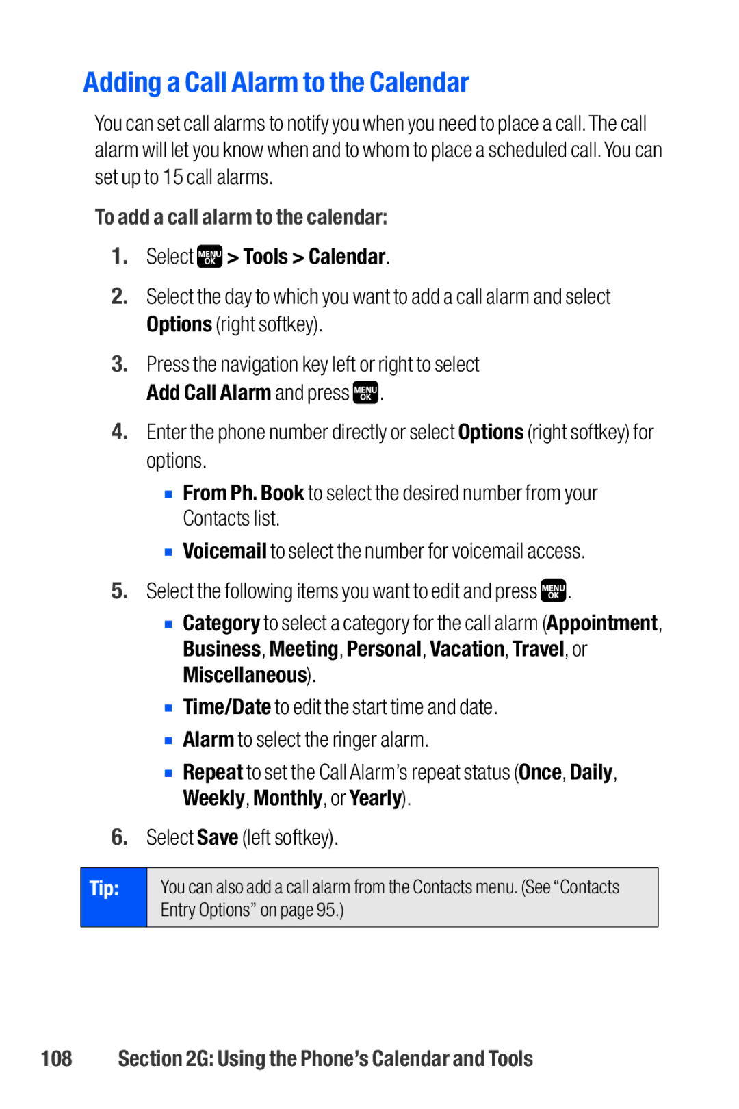 Sanyo M1 manual Adding a Call Alarm to the Calendar, To add a call alarm to the calendar 