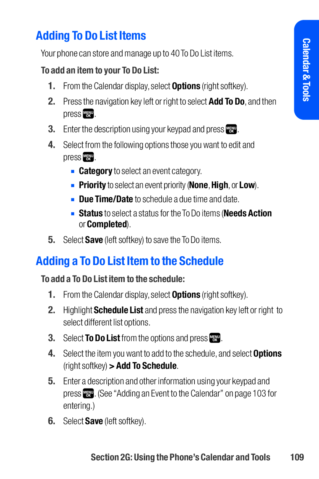 Sanyo M1 manual Adding To Do List Items, Adding a To Do List Item to the Schedule, To add an item to your To Do List, 109 