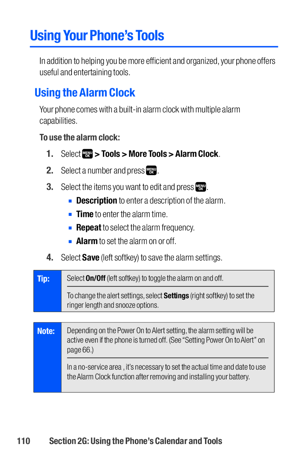 Sanyo M1 Using Your Phone’s Tools, Using the Alarm Clock, To use the alarm clock, Select Tools More Tools Alarm Clock 