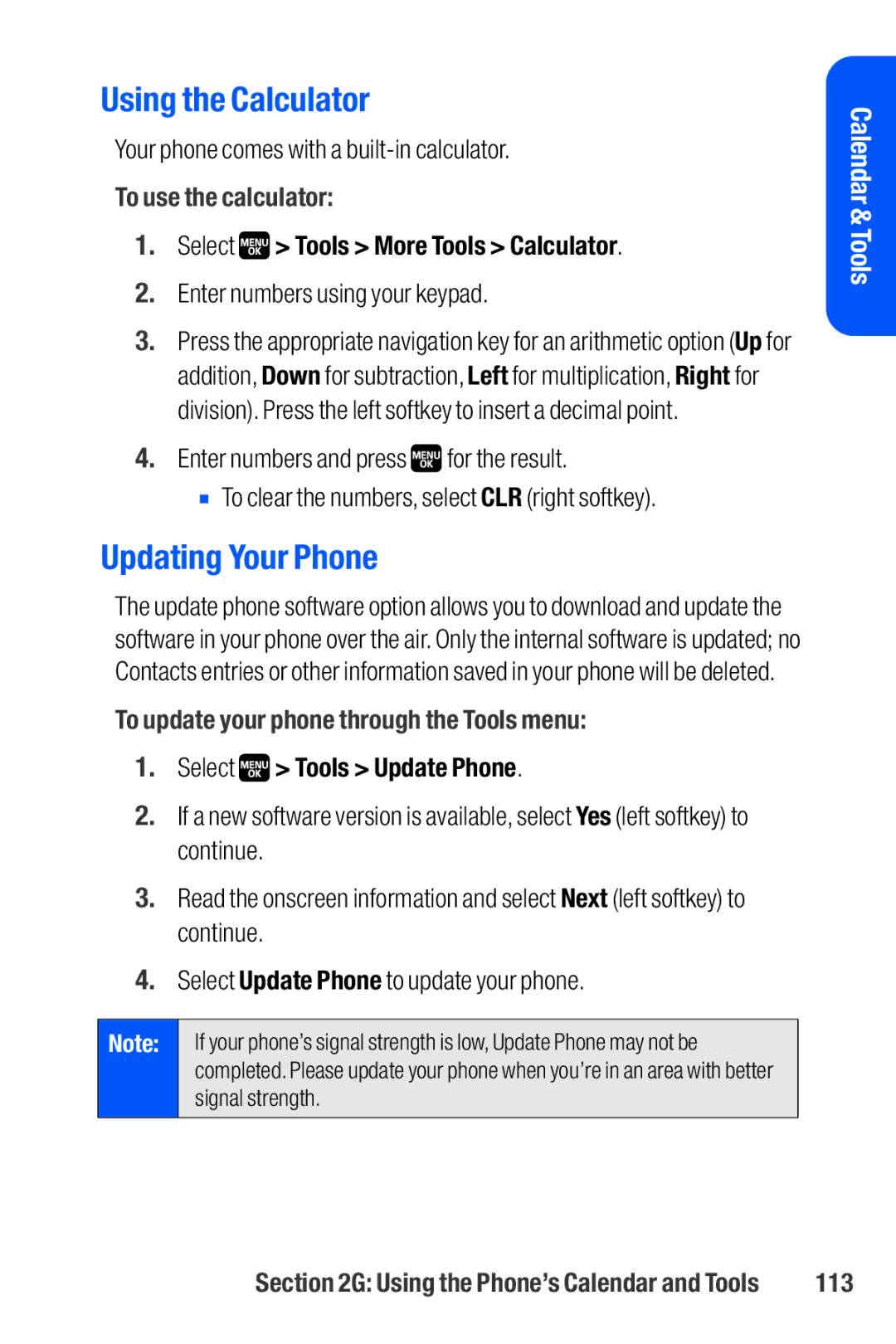 Sanyo M1 Using the Calculator, Updating Your Phone, To use the calculator, To update your phone through the Tools menu 