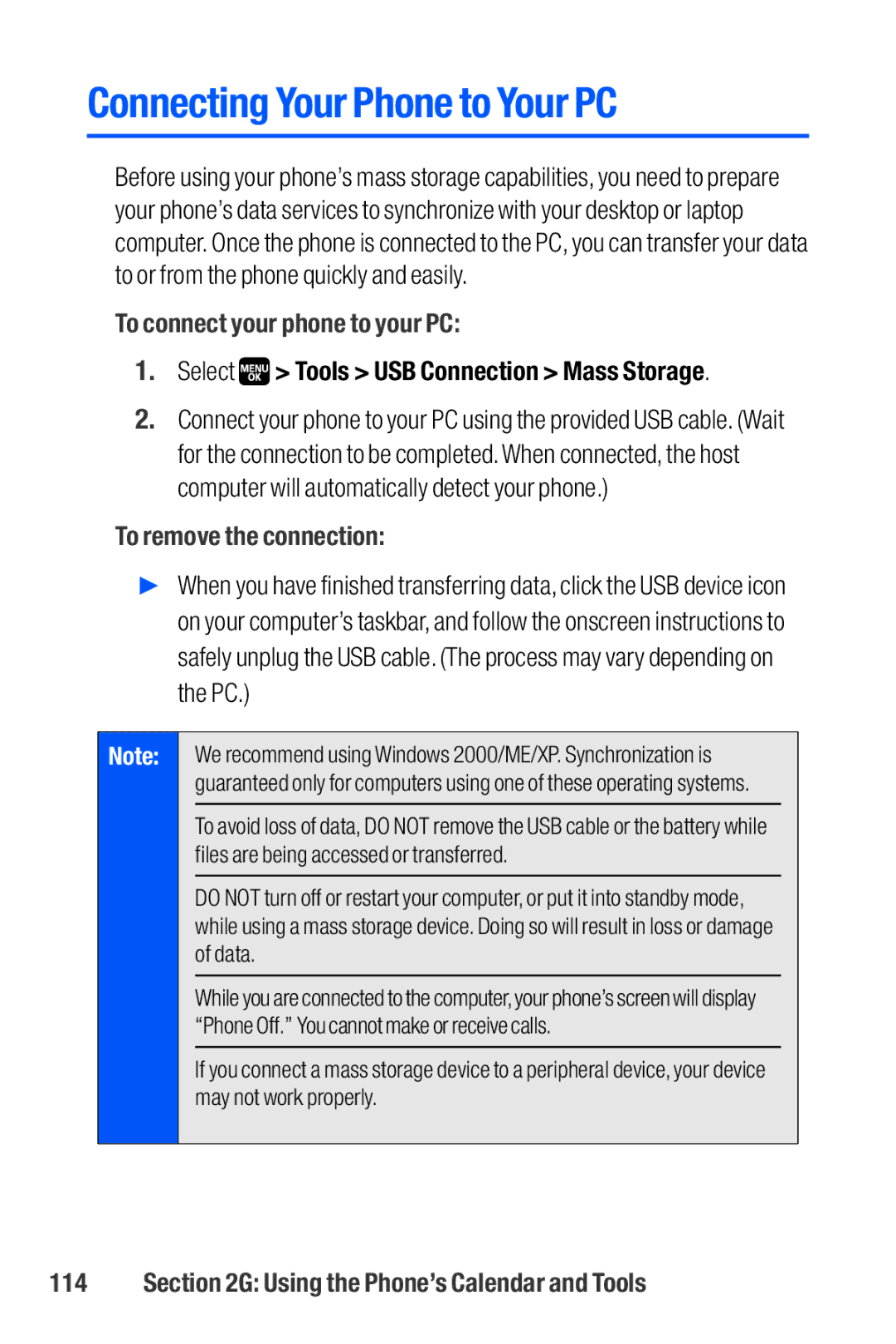 Sanyo M1 Connecting Your Phone to Your PC, To connect your phone to your PC, Select Tools USB Connection Mass Storage 