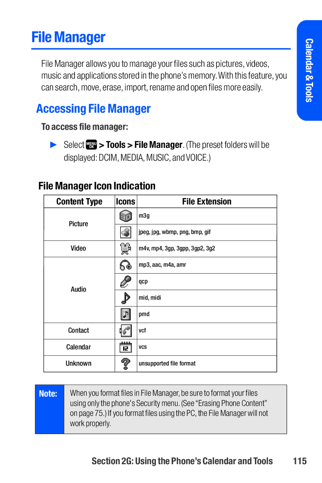 Sanyo M1 manual Accessing File Manager, File Manager Icon Indication, To access file manager, 115 