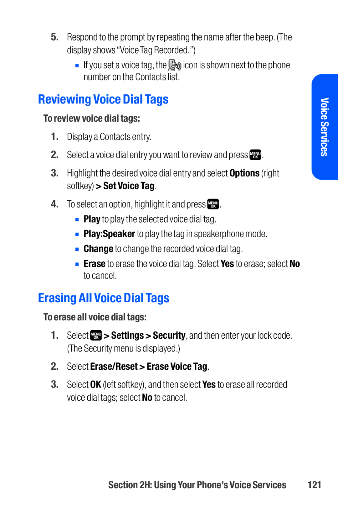 Sanyo M1 Reviewing Voice Dial Tags, Erasing All Voice Dial Tags, To review voice dial tags, To erase all voice dial tags 