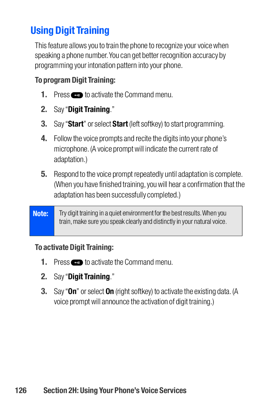 Sanyo M1 manual Using Digit Training, To program Digit Training, Say Digit Training, To activate Digit Training 