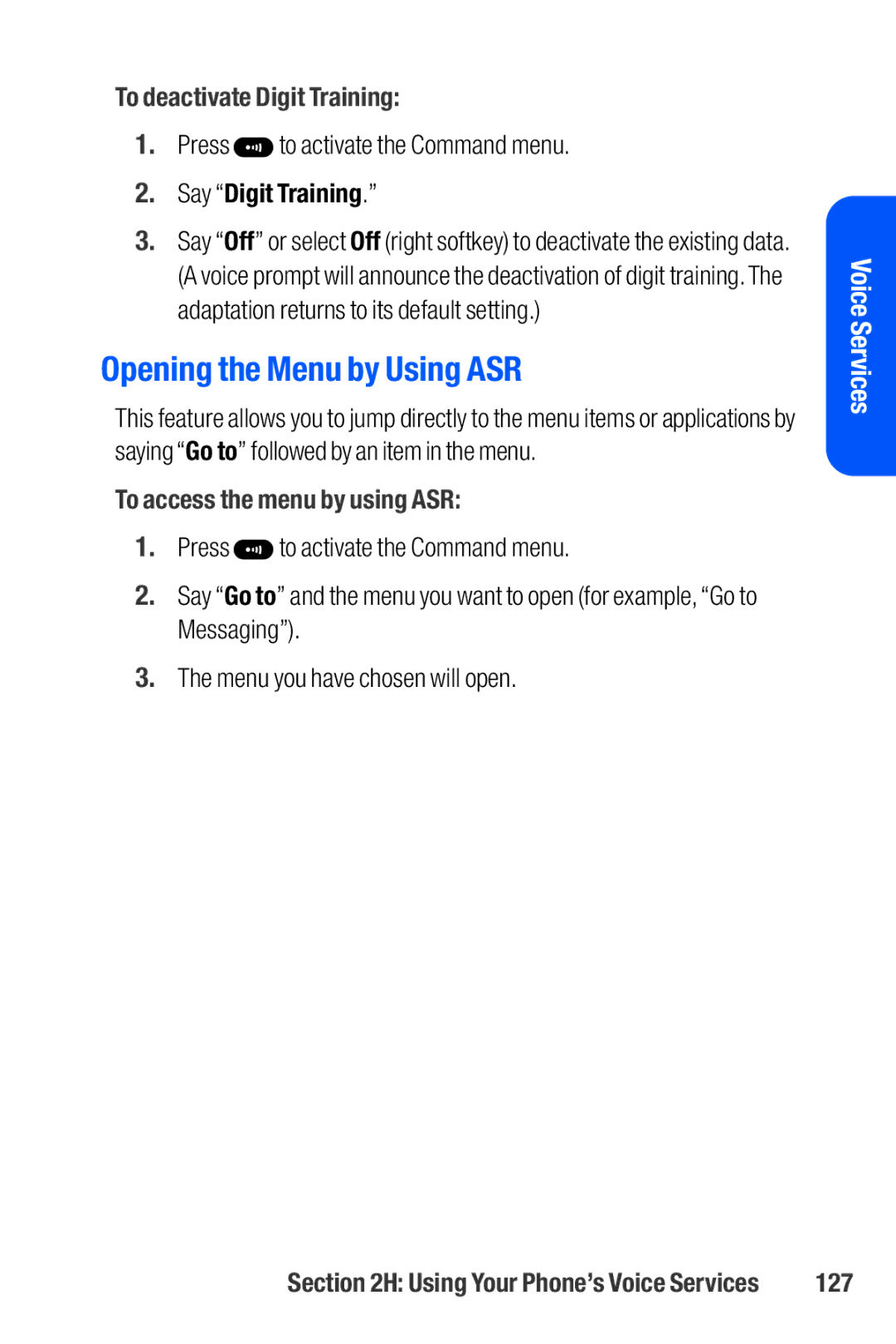 Sanyo M1 manual Opening the Menu by Using ASR, To deactivate Digit Training, To access the menu by using ASR, 127 