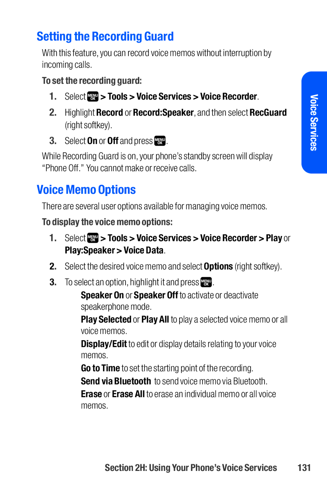 Sanyo M1 Setting the Recording Guard, Voice Memo Options, To set the recording guard, To display the voice memo options 