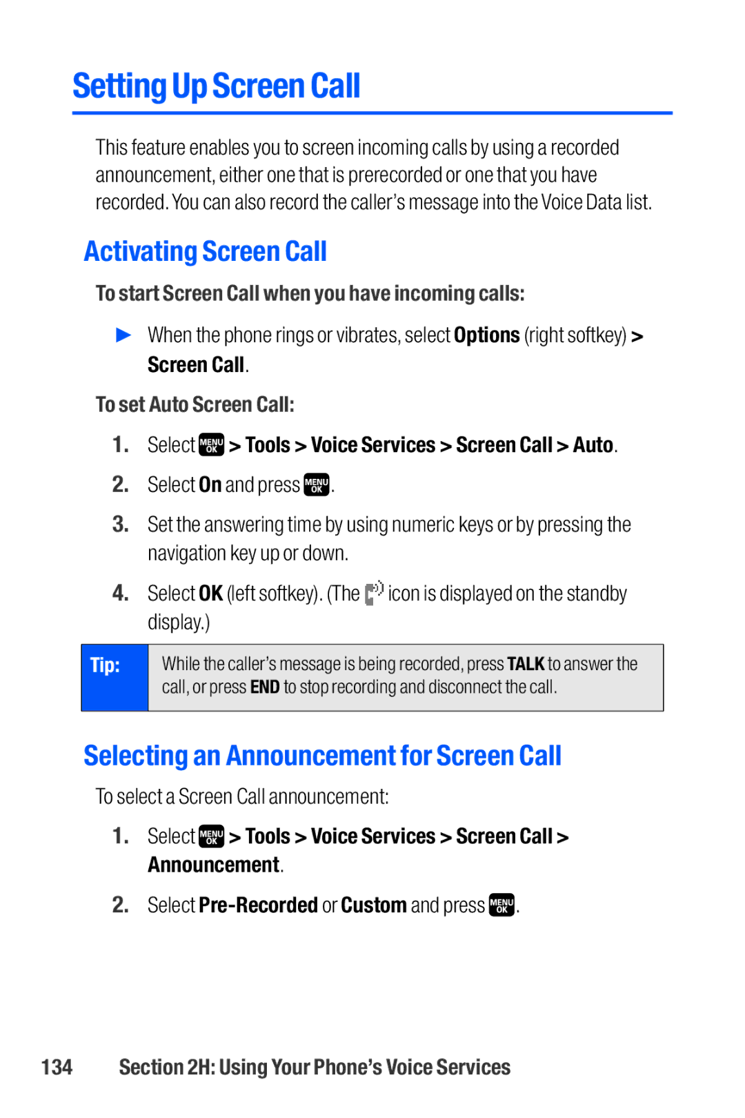 Sanyo M1 manual Setting Up Screen Call, Activating Screen Call, Selecting an Announcement for Screen Call 