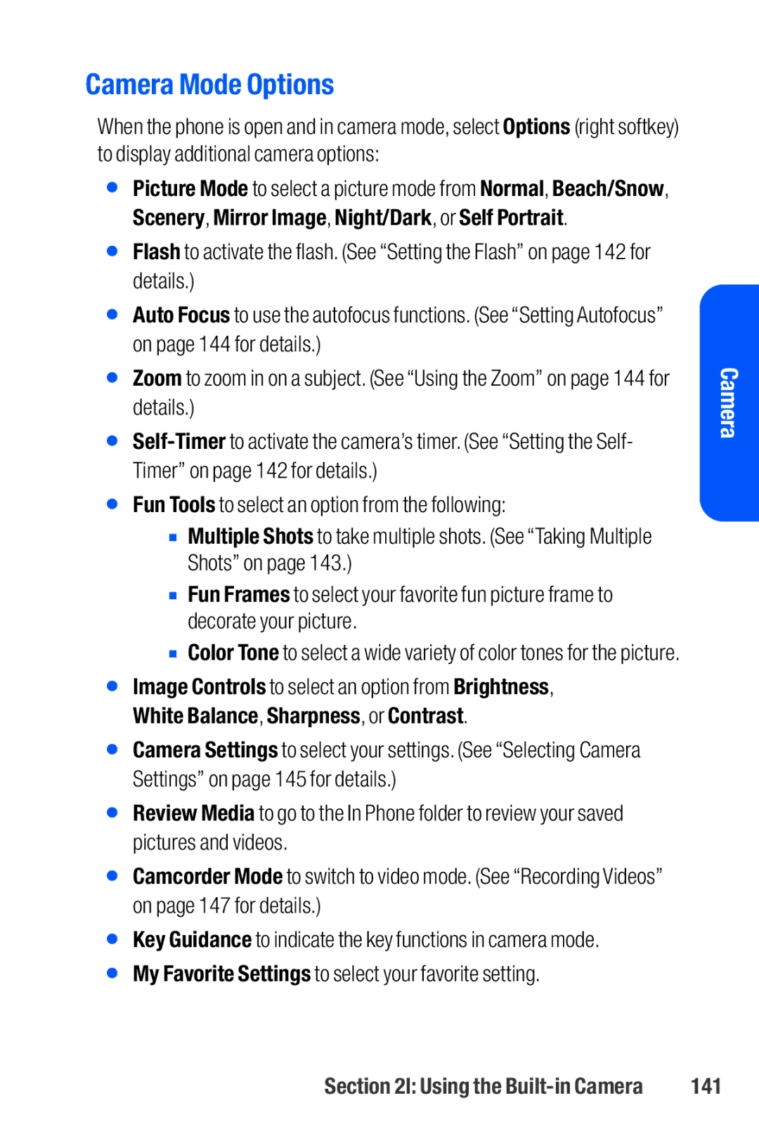 Sanyo M1 manual Camera Mode Options, 141 