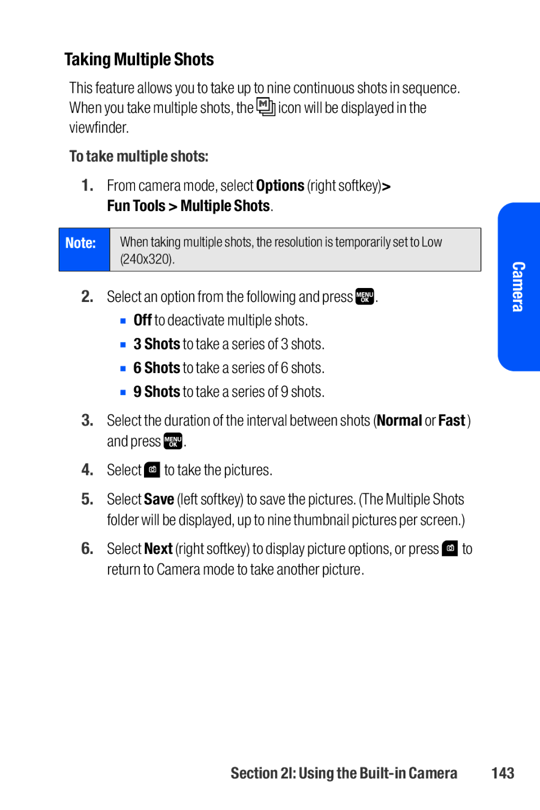 Sanyo M1 manual Taking Multiple Shots, To take multiple shots, 143 