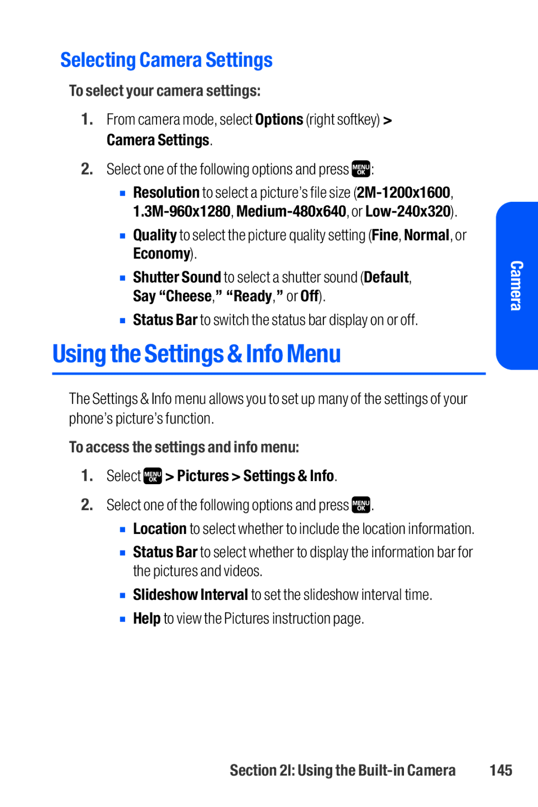 Sanyo M1 manual Using the Settings & Info Menu, Selecting Camera Settings, To select your camera settings, 145 