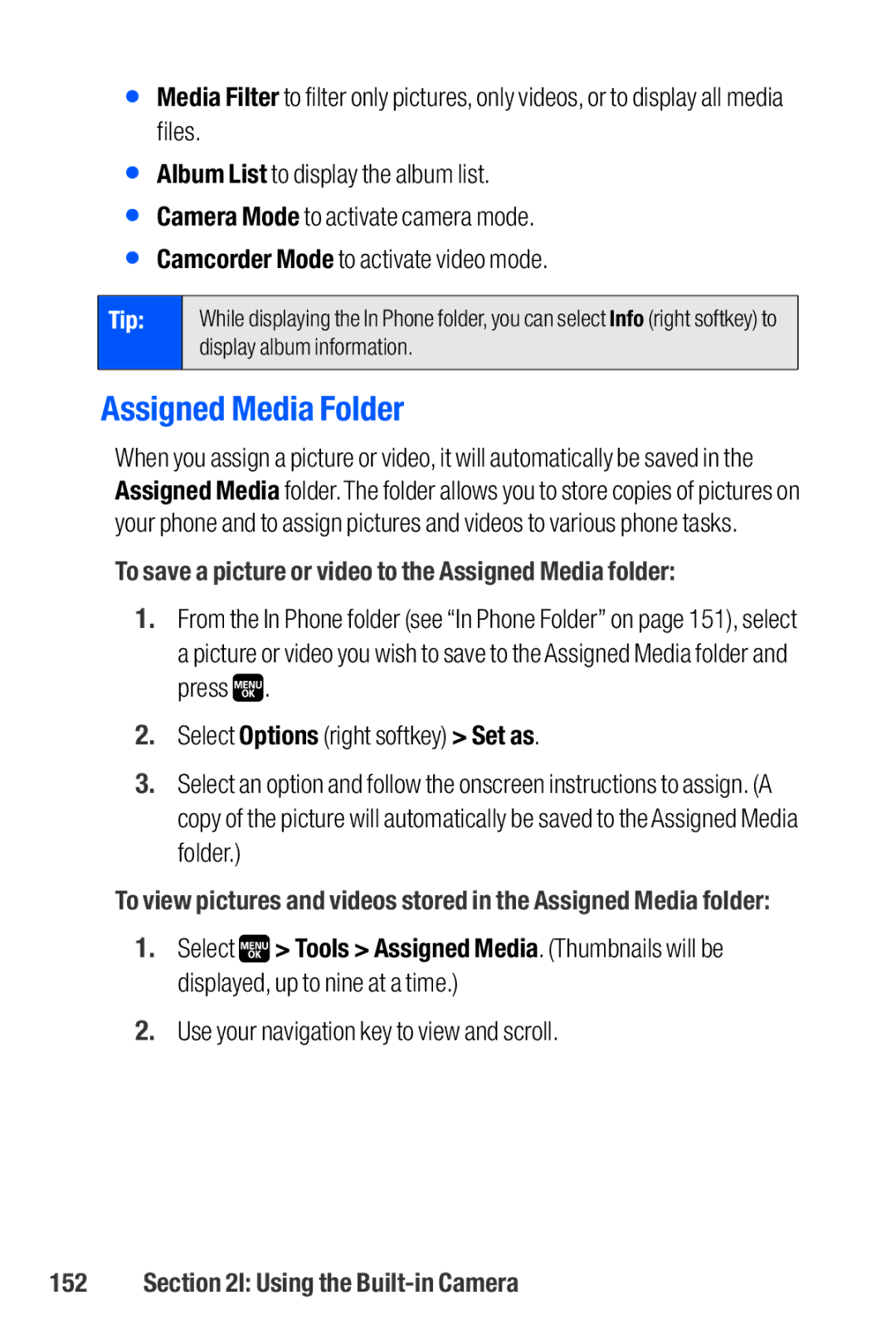 Sanyo M1 manual Assigned Media Folder, To save a picture or video to the Assigned Media folder 